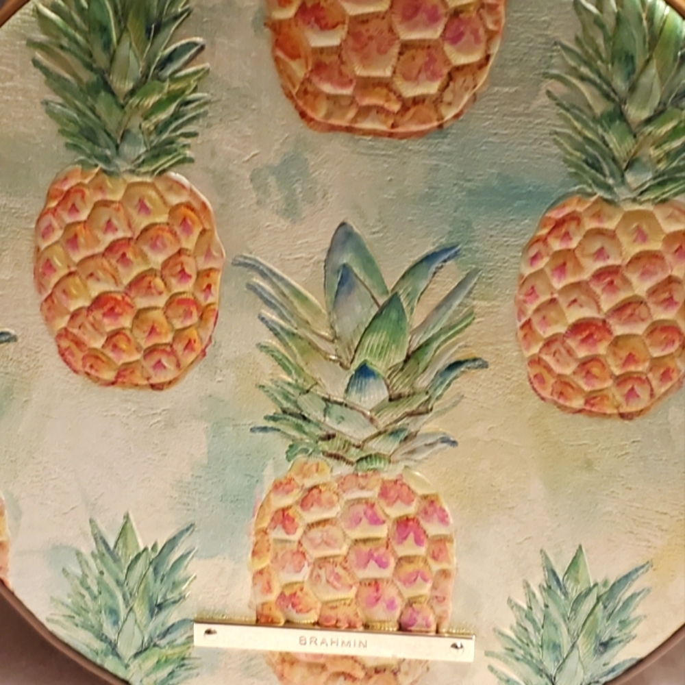 Brahmin Lane Pineapple Theme Pompano Round Tan Leather Xbody $140 Su…